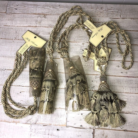 New Set of 4 Drapery Curtain Braided Tie Backs Tassels Gold / Green - Picture 1 of 7